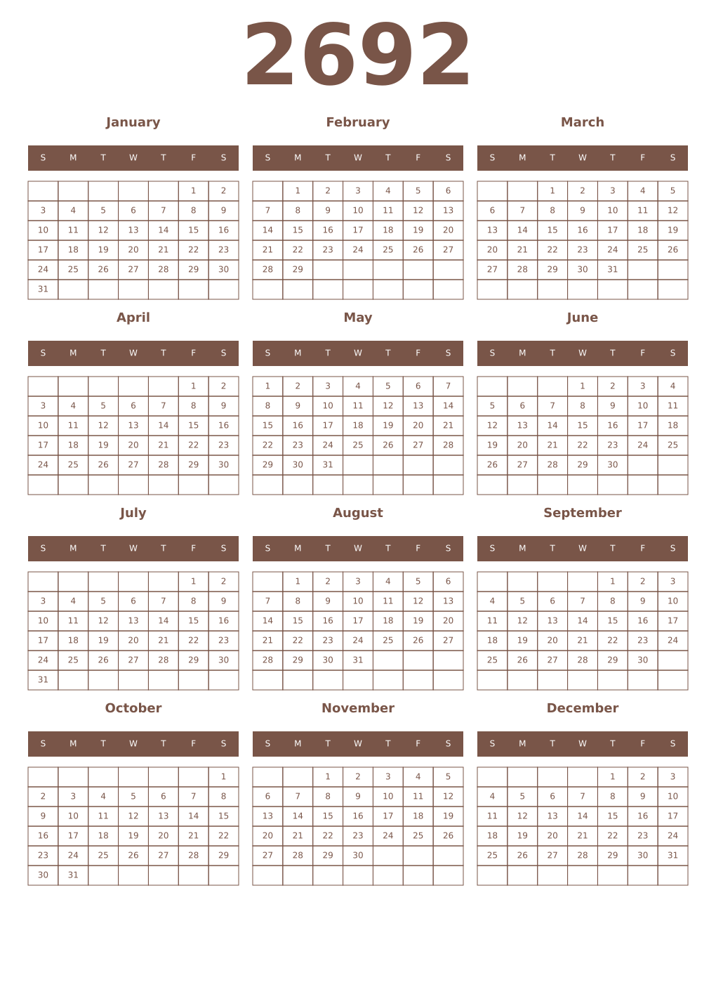 Printable 2692 Year Calendars coffe