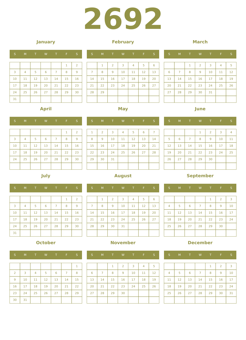 Printable 2692 Year Calendars eburnean