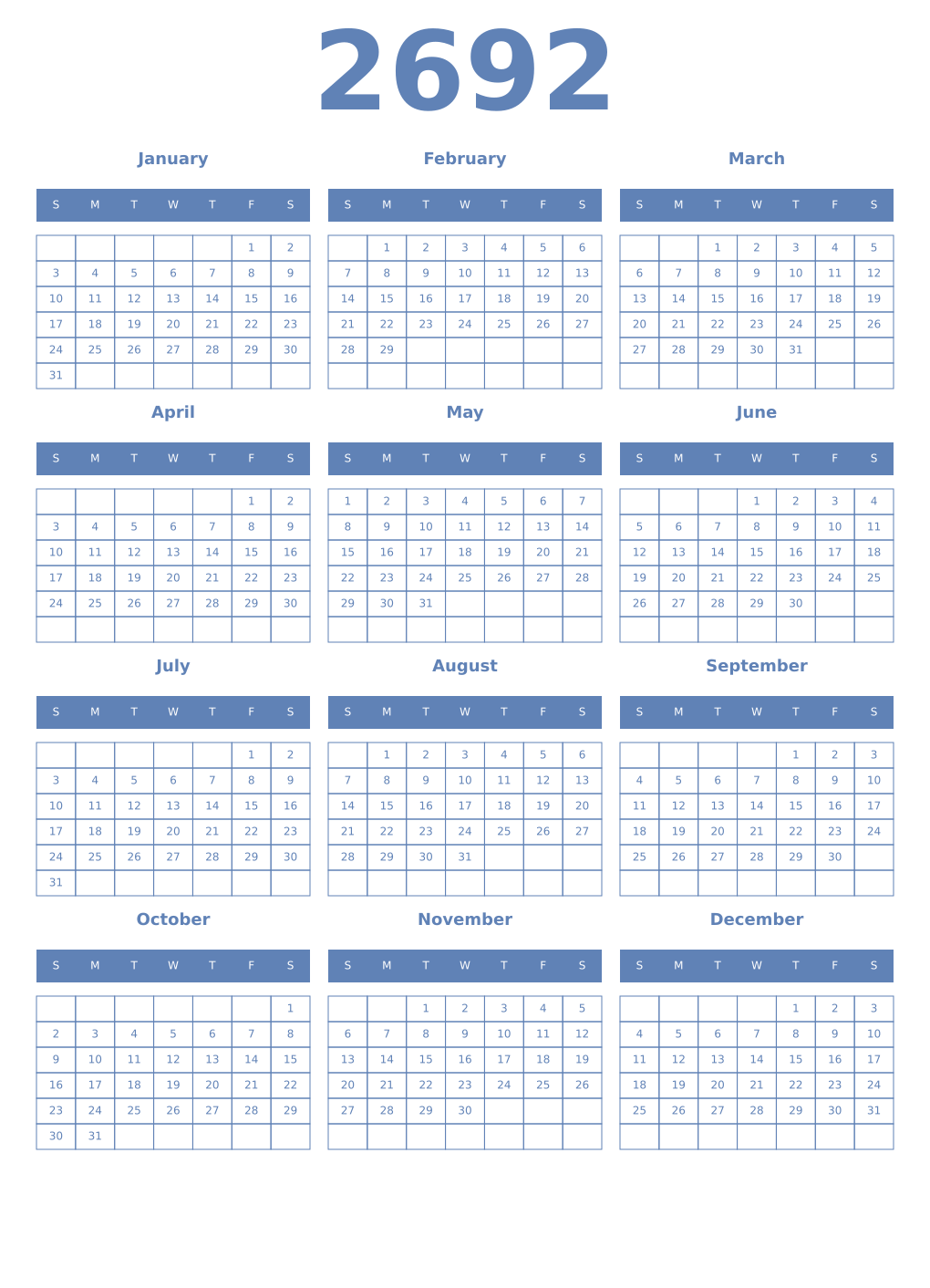 Printable 2692 Year Calendars glaucous