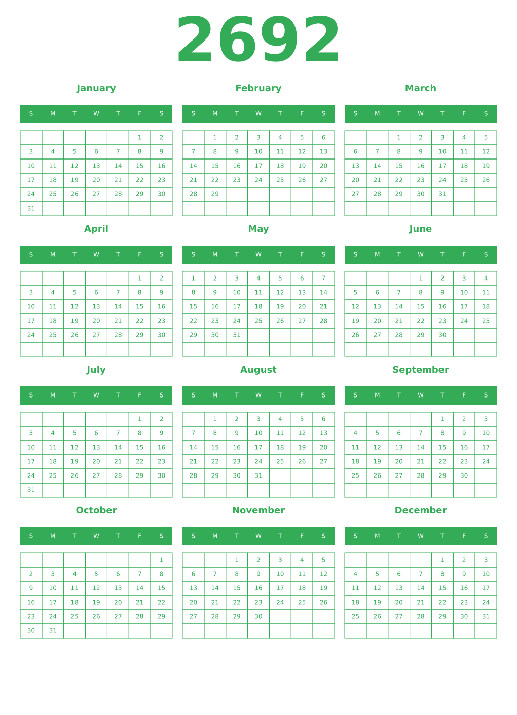 Printable 2692 Year Calendars green