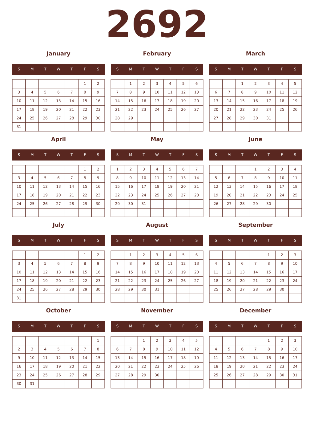 Printable 2692 Year Calendars mortuum