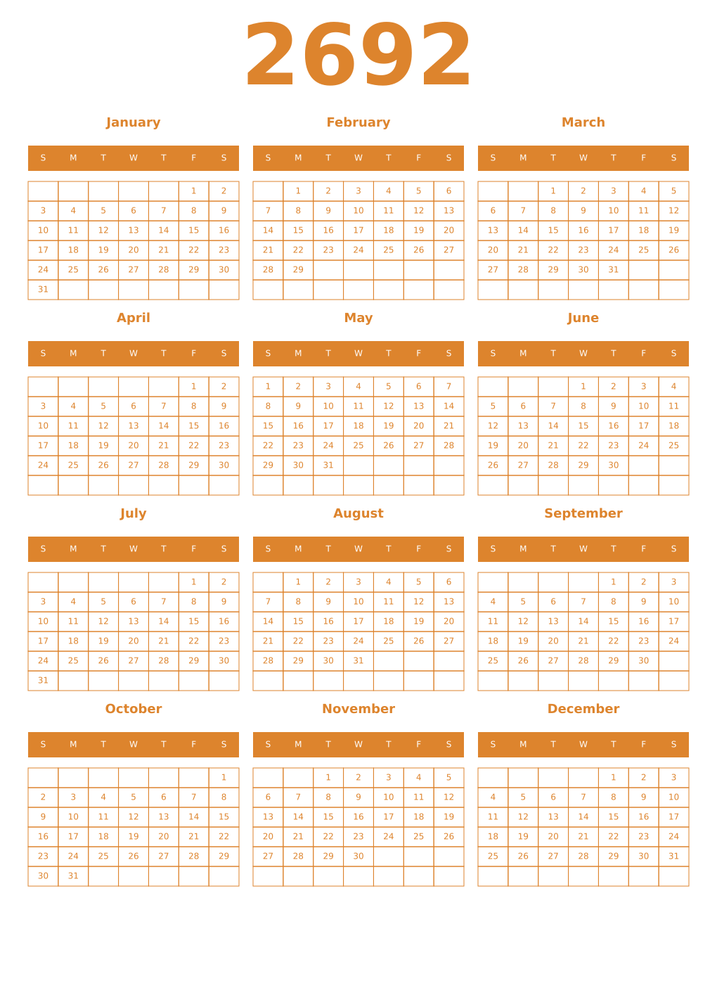 Printable 2692 Year Calendars orange