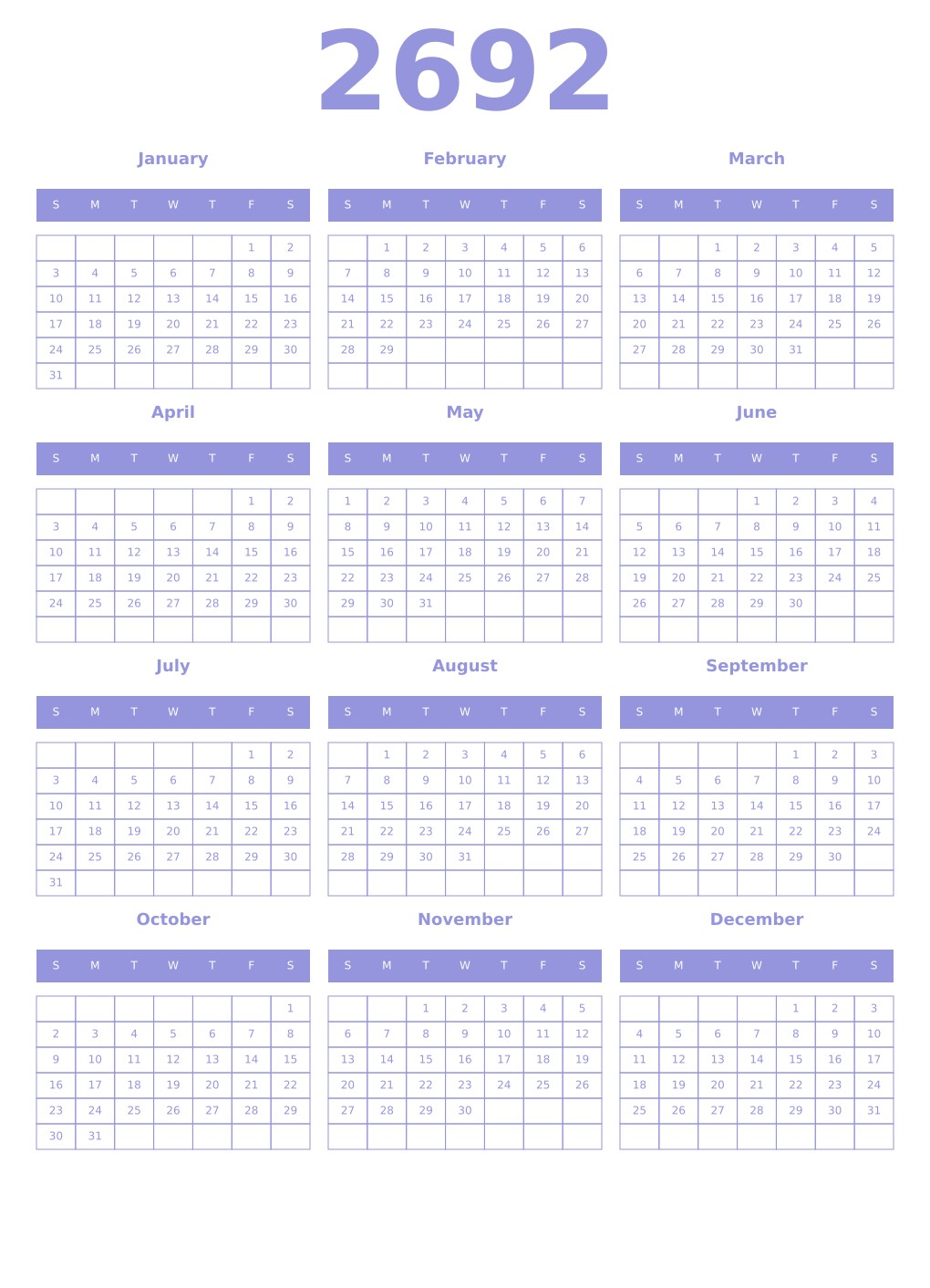 Printable 2692 Year Calendars periwinkle