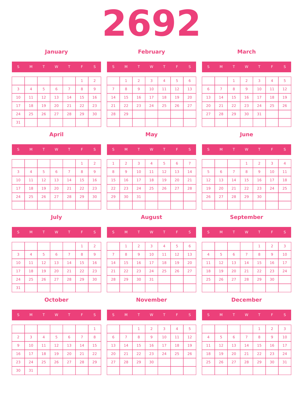 Printable 2692 Year Calendars pink
