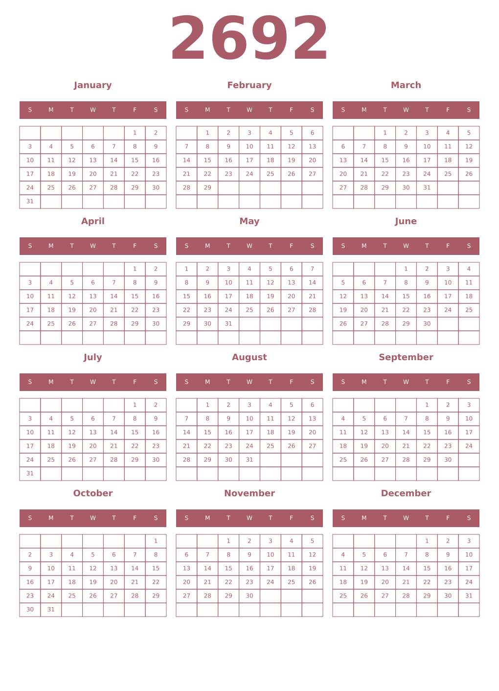 Printable 2692 Year Calendars puce