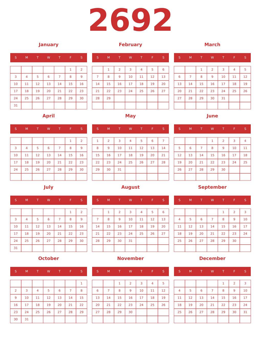 Printable 2692 Year Calendars red