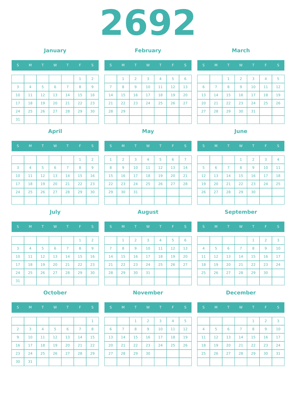 Printable 2692 Year Calendars verdigris