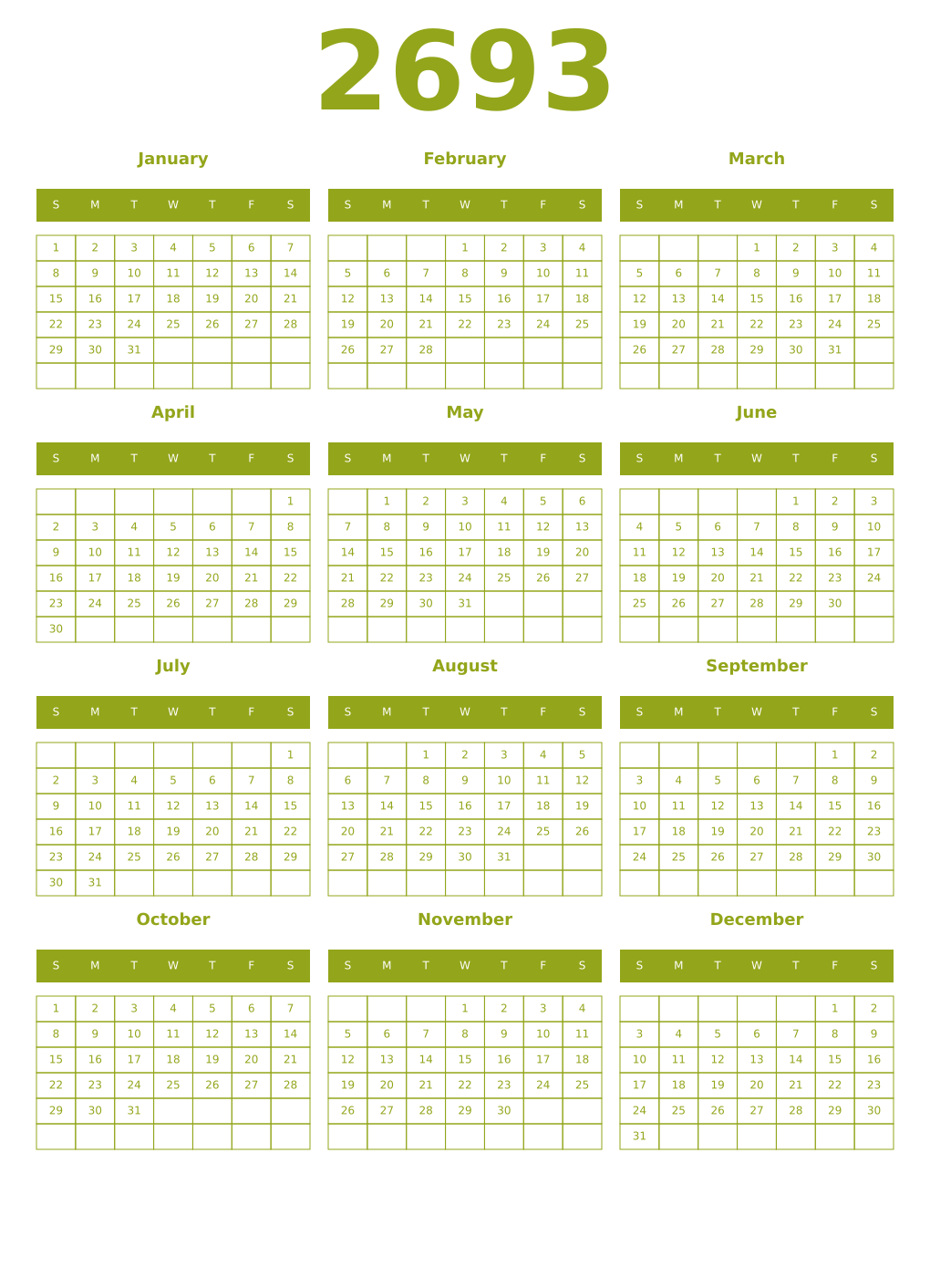 Printable 2693 Year Calendars chartreuse