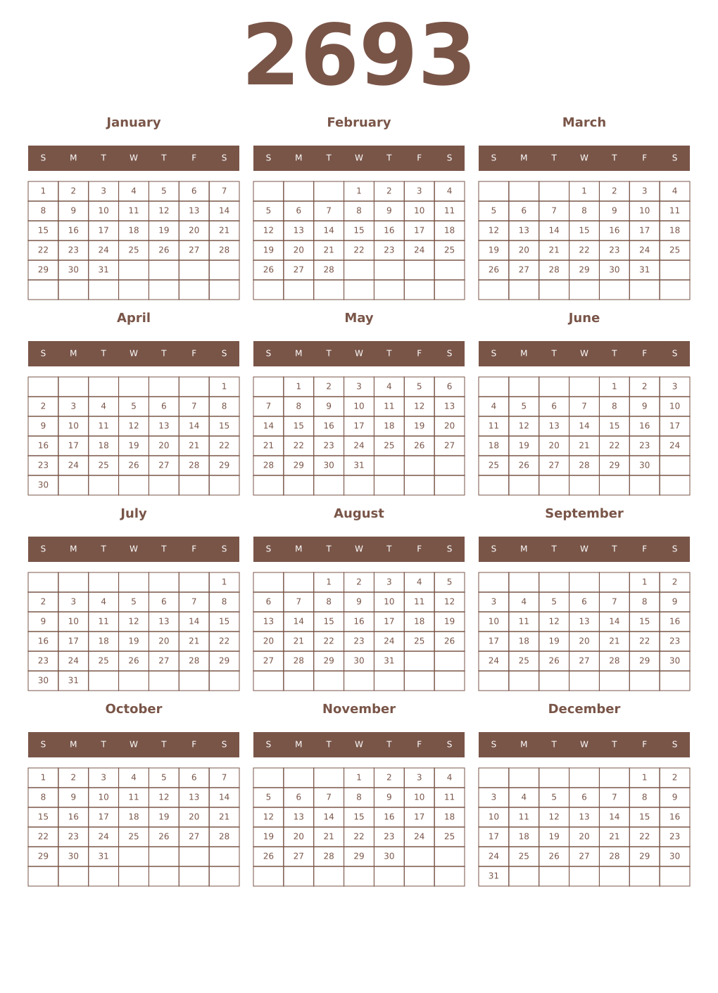 Printable 2693 Year Calendars coffe