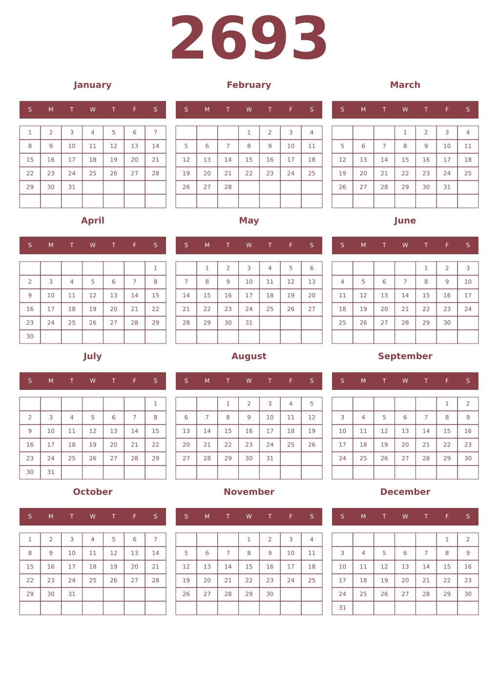 Printable 2693 Year Calendars cordovan