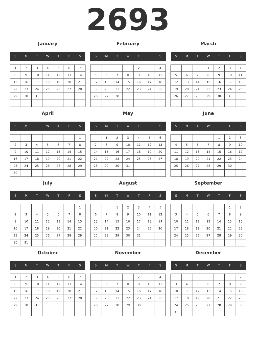Printable 2693 Year Calendars dark