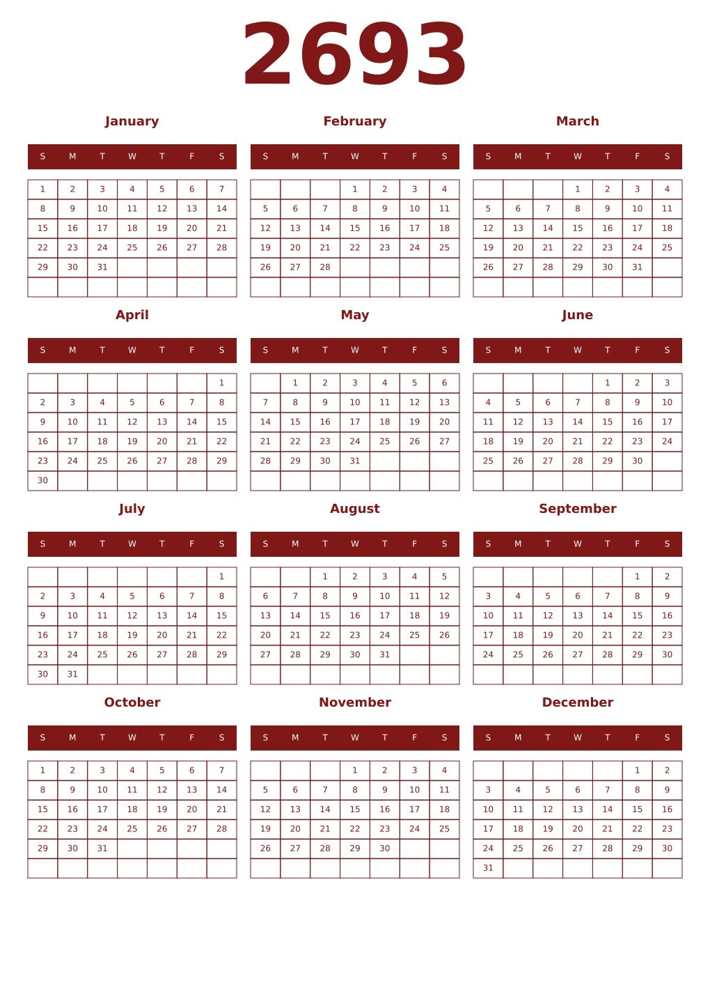 Printable 2693 Year Calendars falu