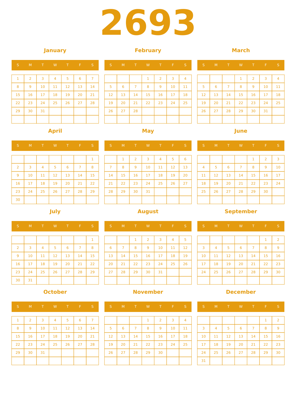 Printable 2693 Year Calendars gamboge