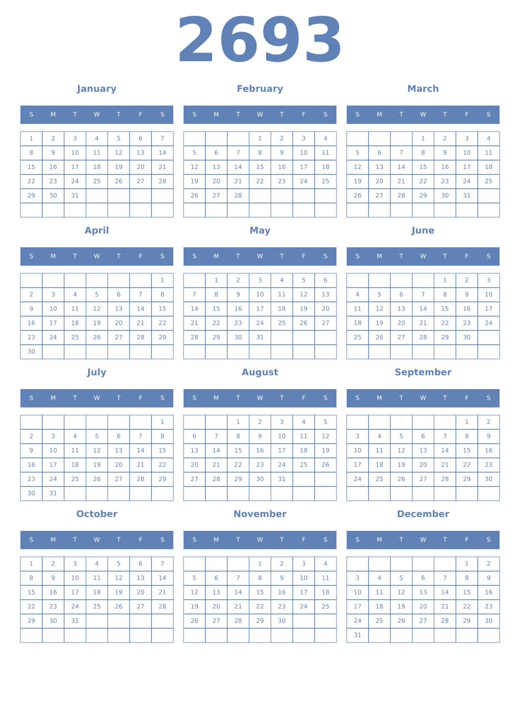 Printable 2693 Year Calendars glaucous
