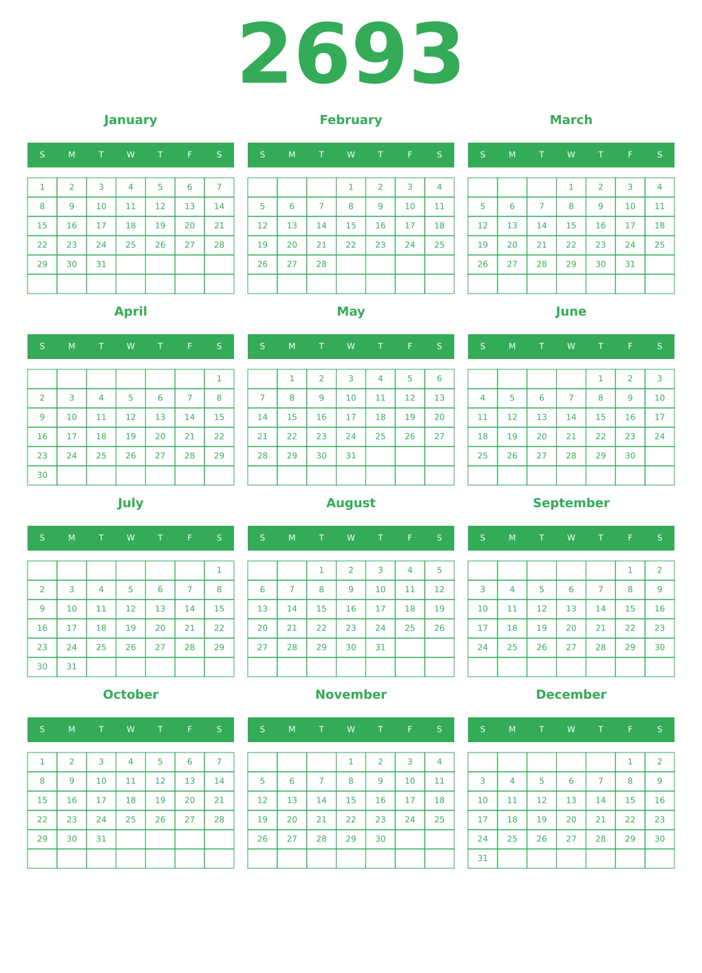 Printable 2693 Year Calendars green