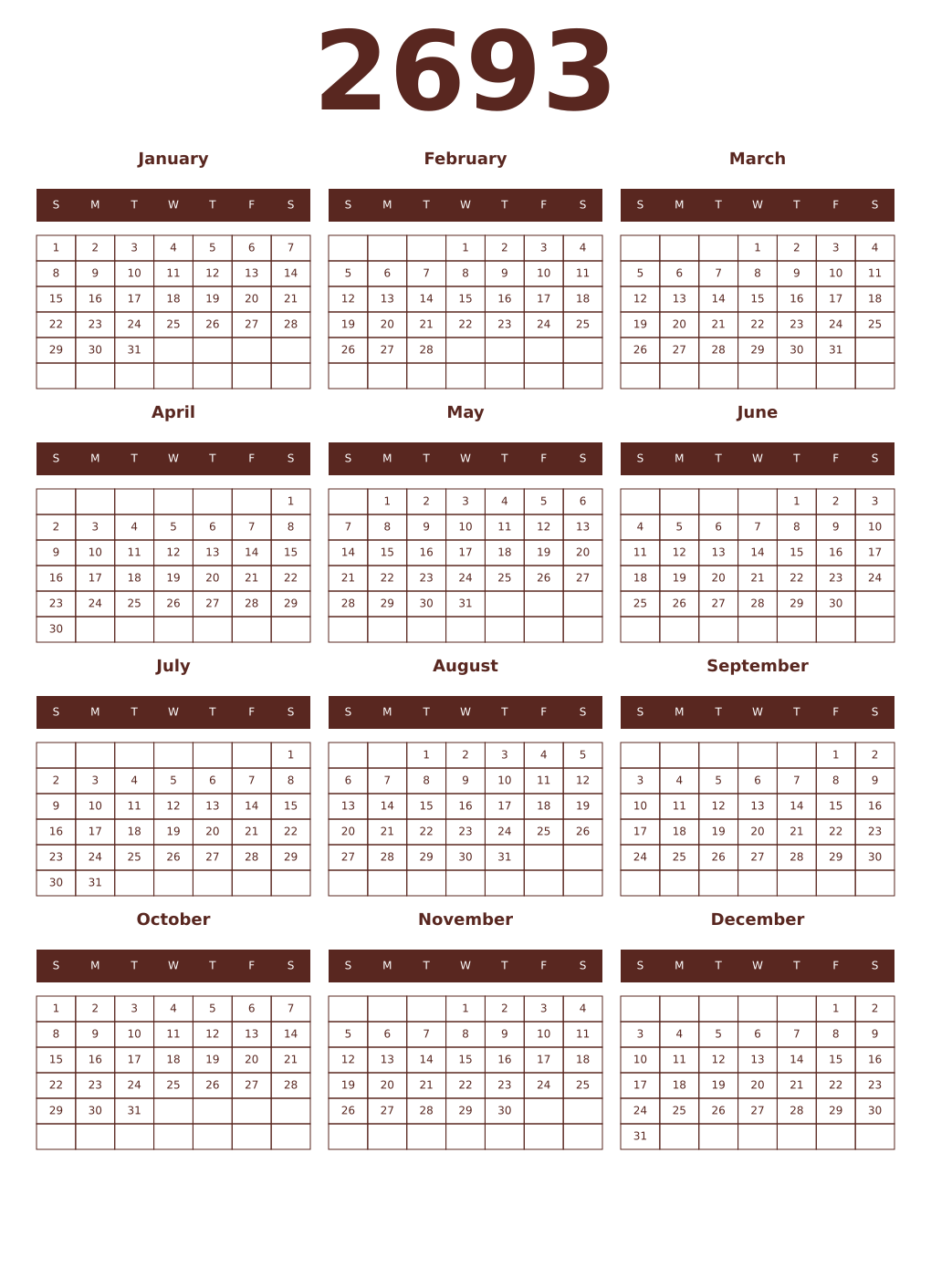 Printable 2693 Year Calendars mortuum