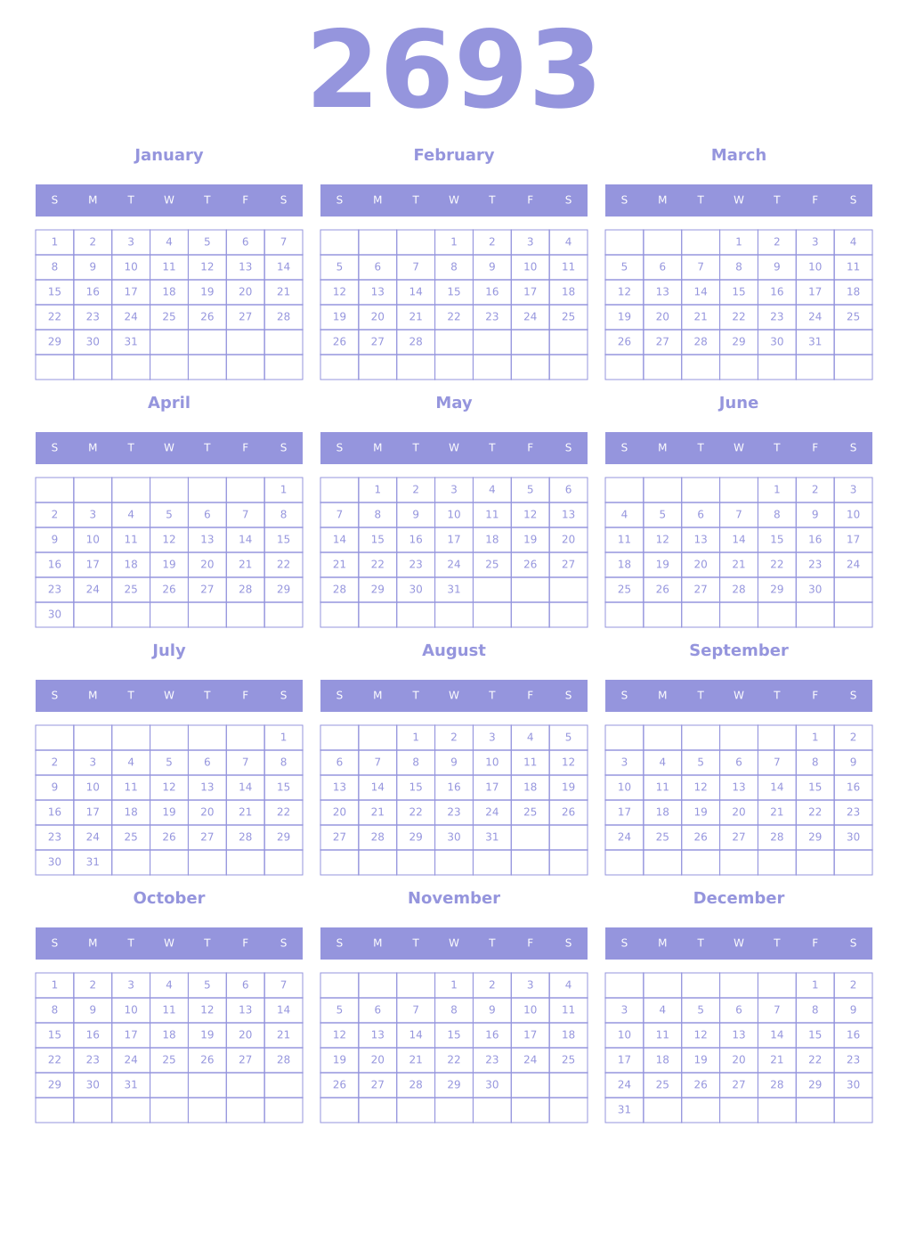 Printable 2693 Year Calendars periwinkle