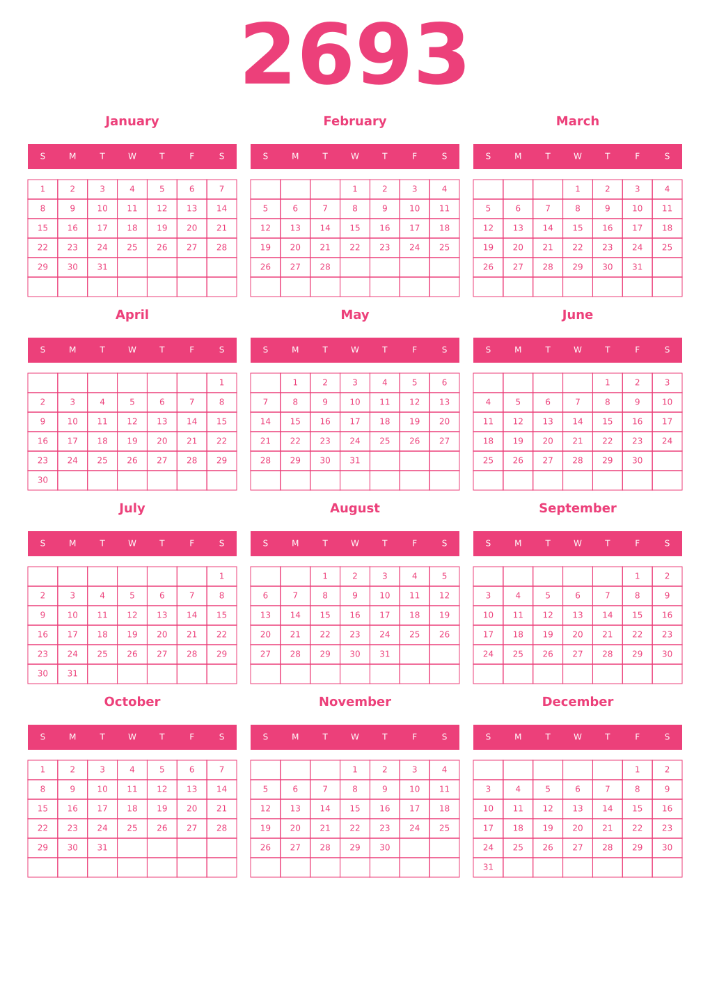 Printable 2693 Year Calendars pink
