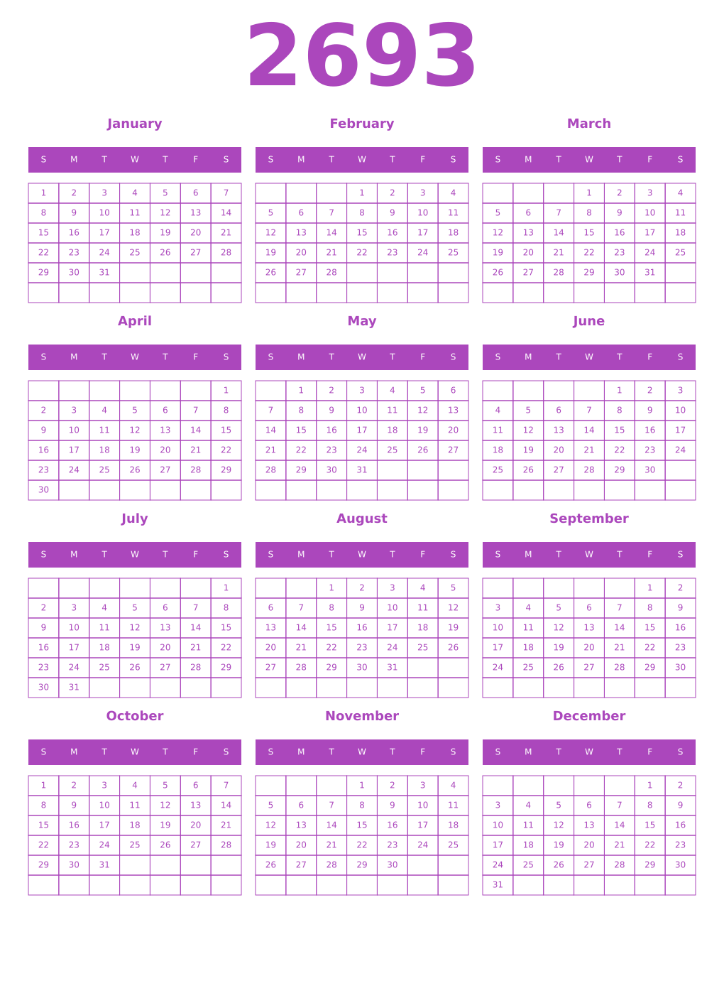 Printable 2693 Year Calendars purple