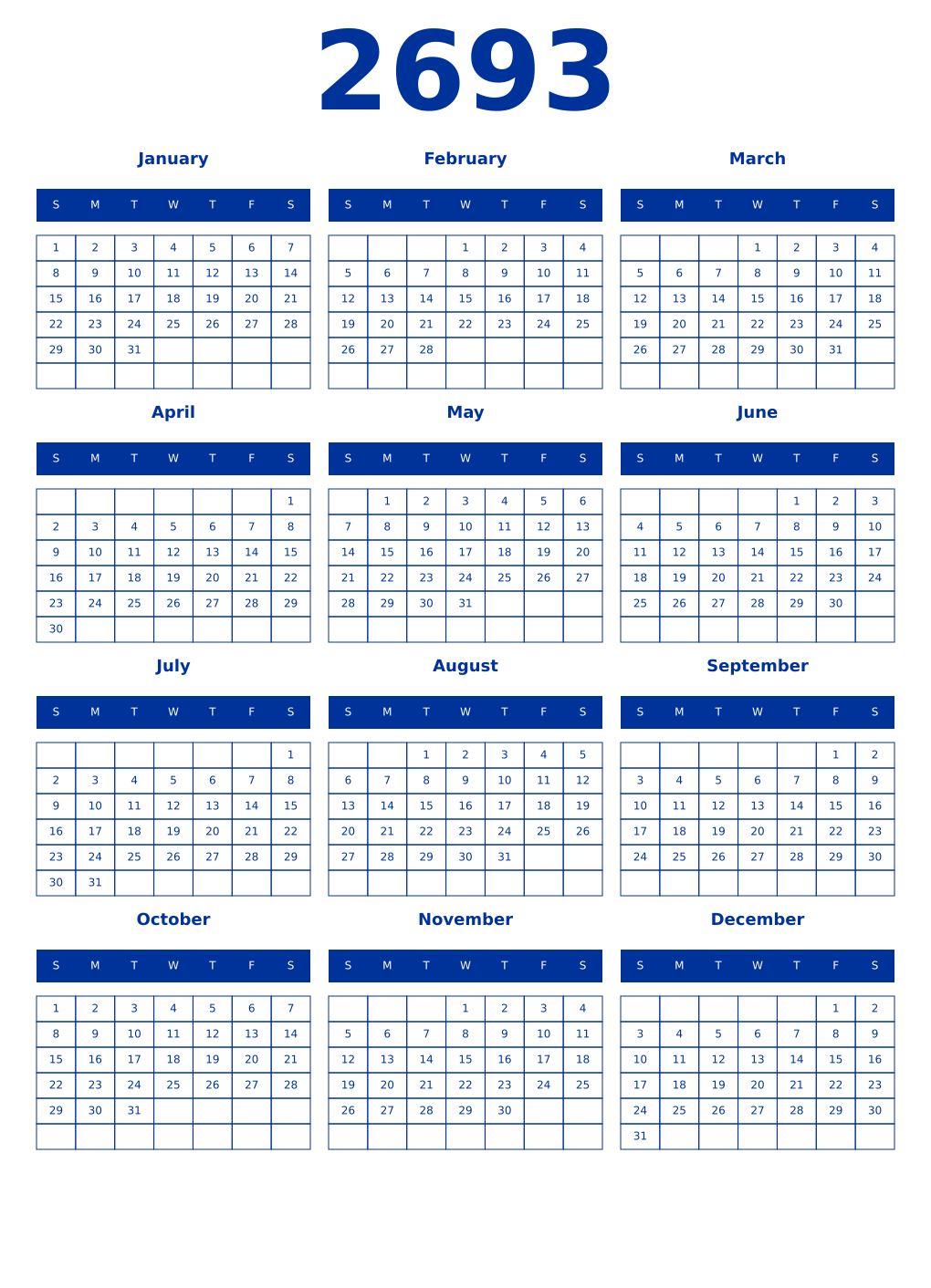 Printable 2693 Year Calendars smalt