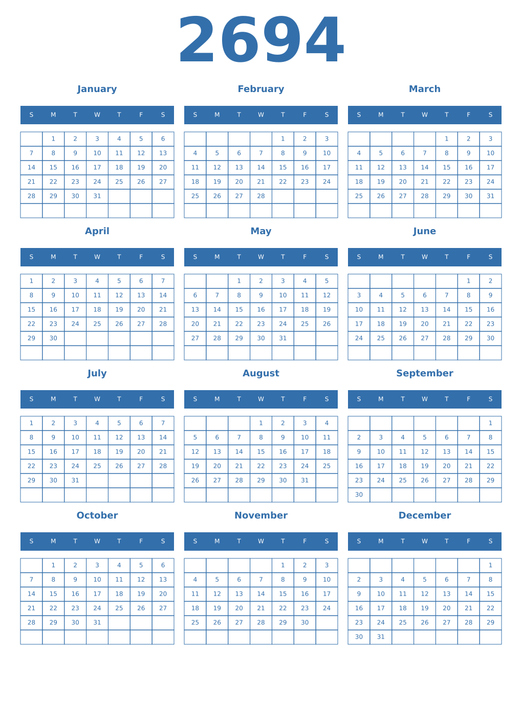Printable 2694 Year Calendars blue