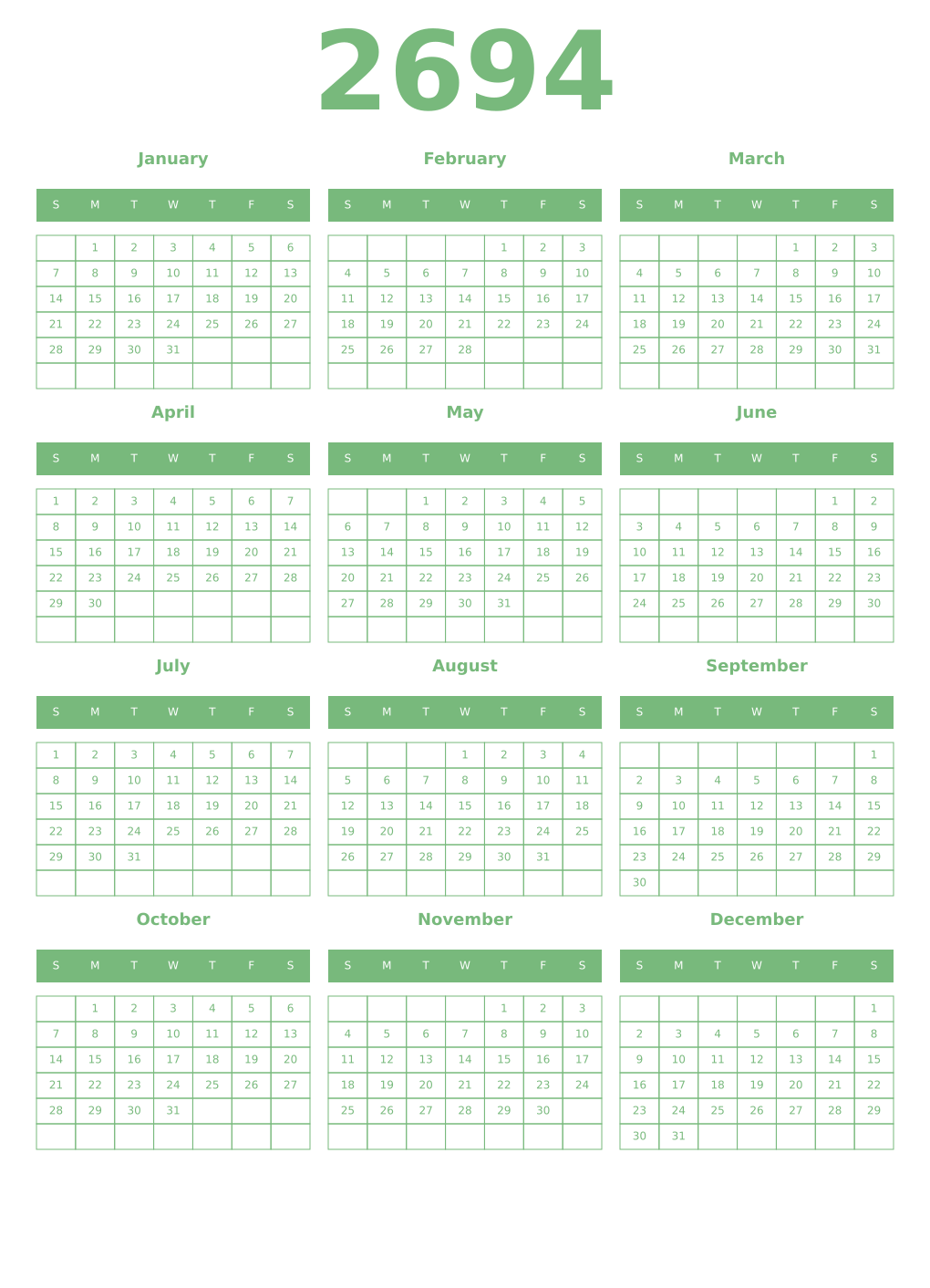 Printable 2694 Year Calendars celadon