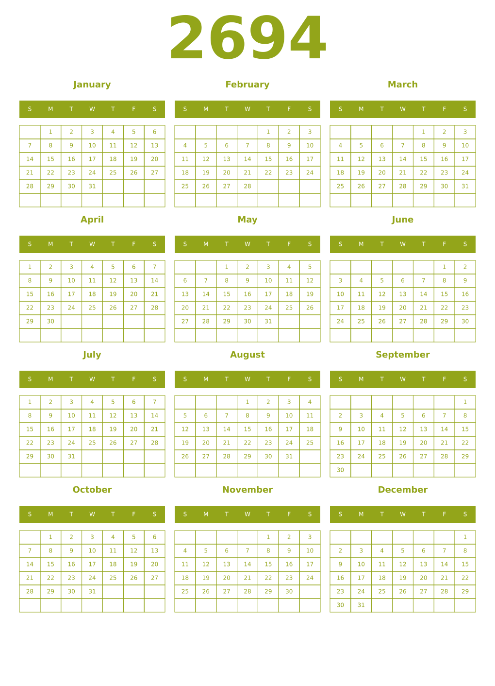 Printable 2694 Year Calendars chartreuse