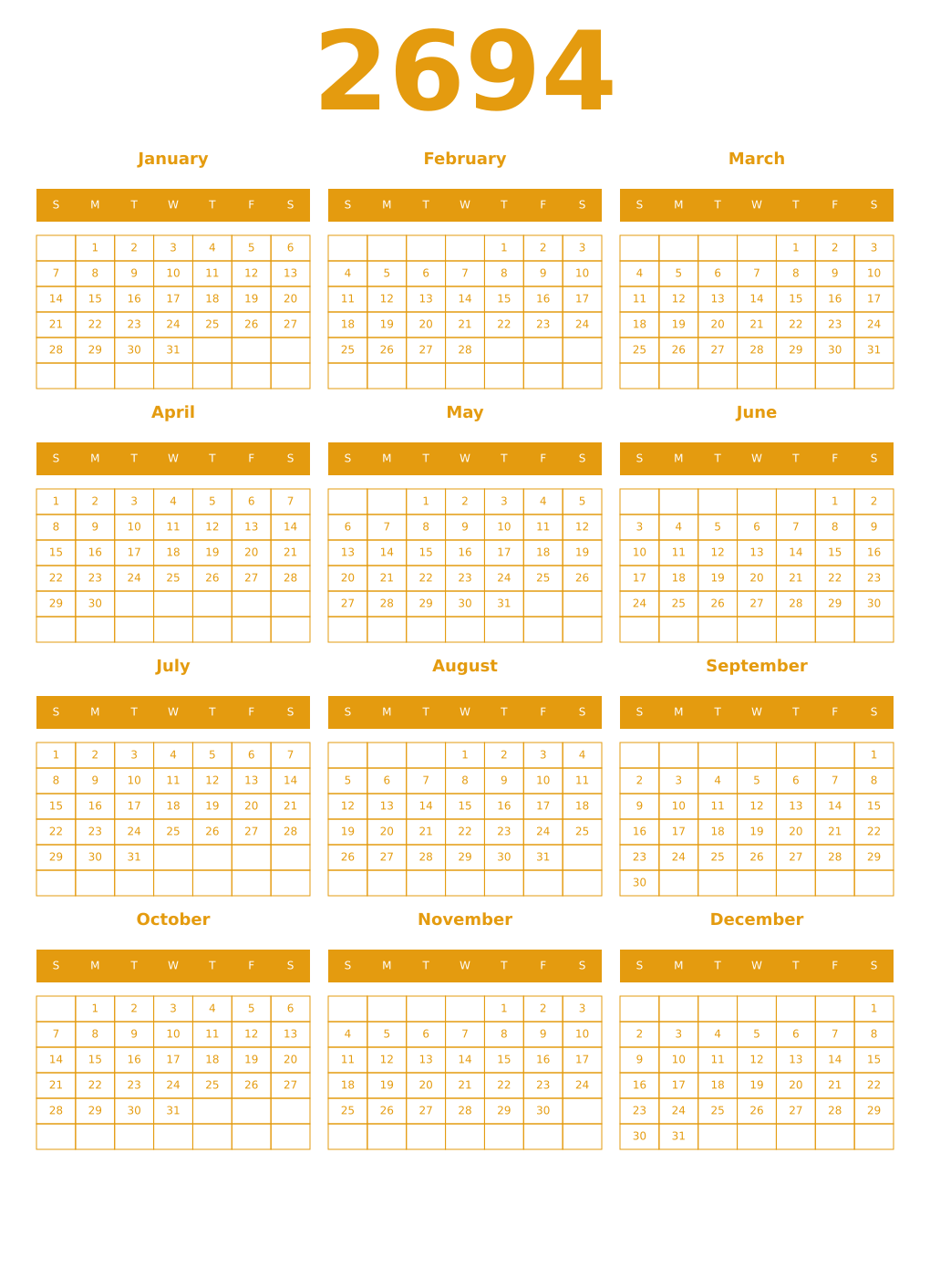 Printable 2694 Year Calendars gamboge