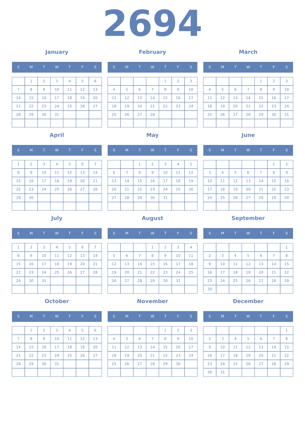 Printable 2694 Year Calendars glaucous