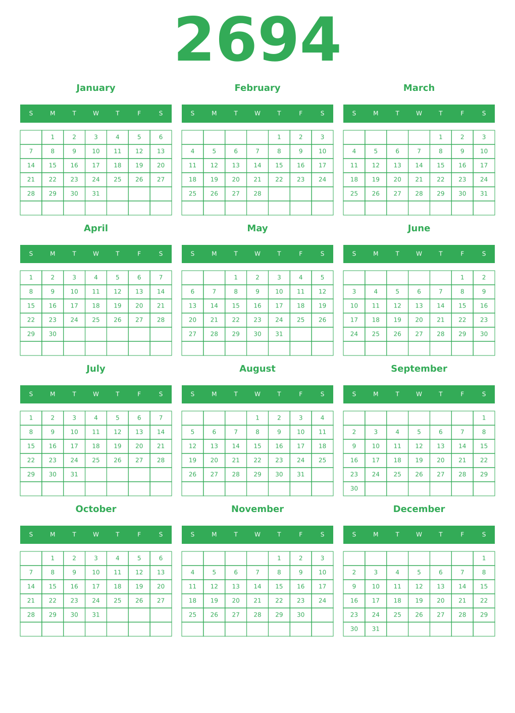 Printable 2694 Year Calendars green