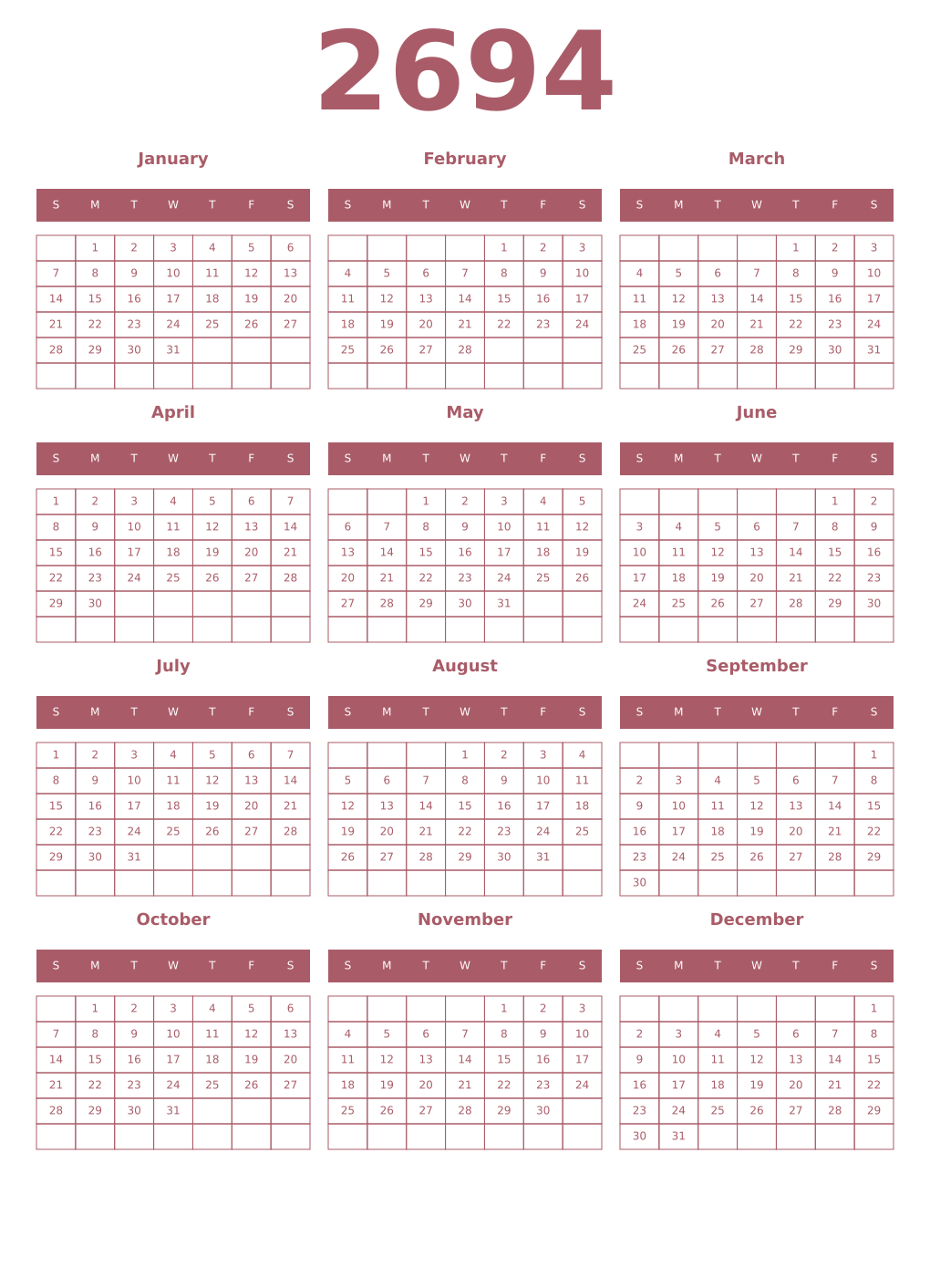 Printable 2694 Year Calendars puce