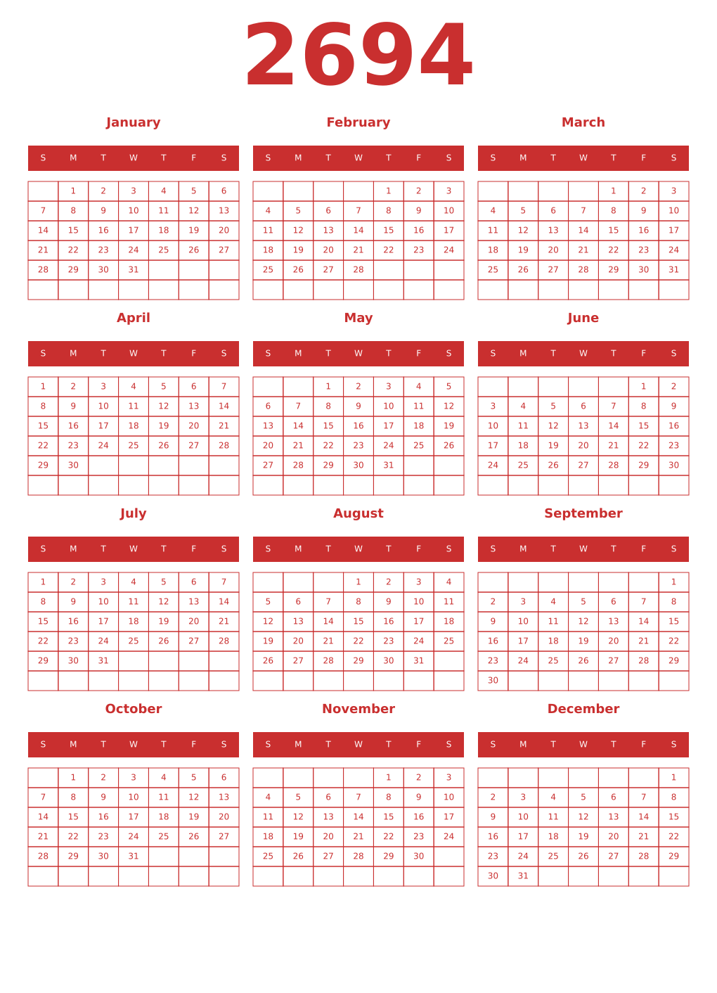 Printable 2694 Year Calendars red