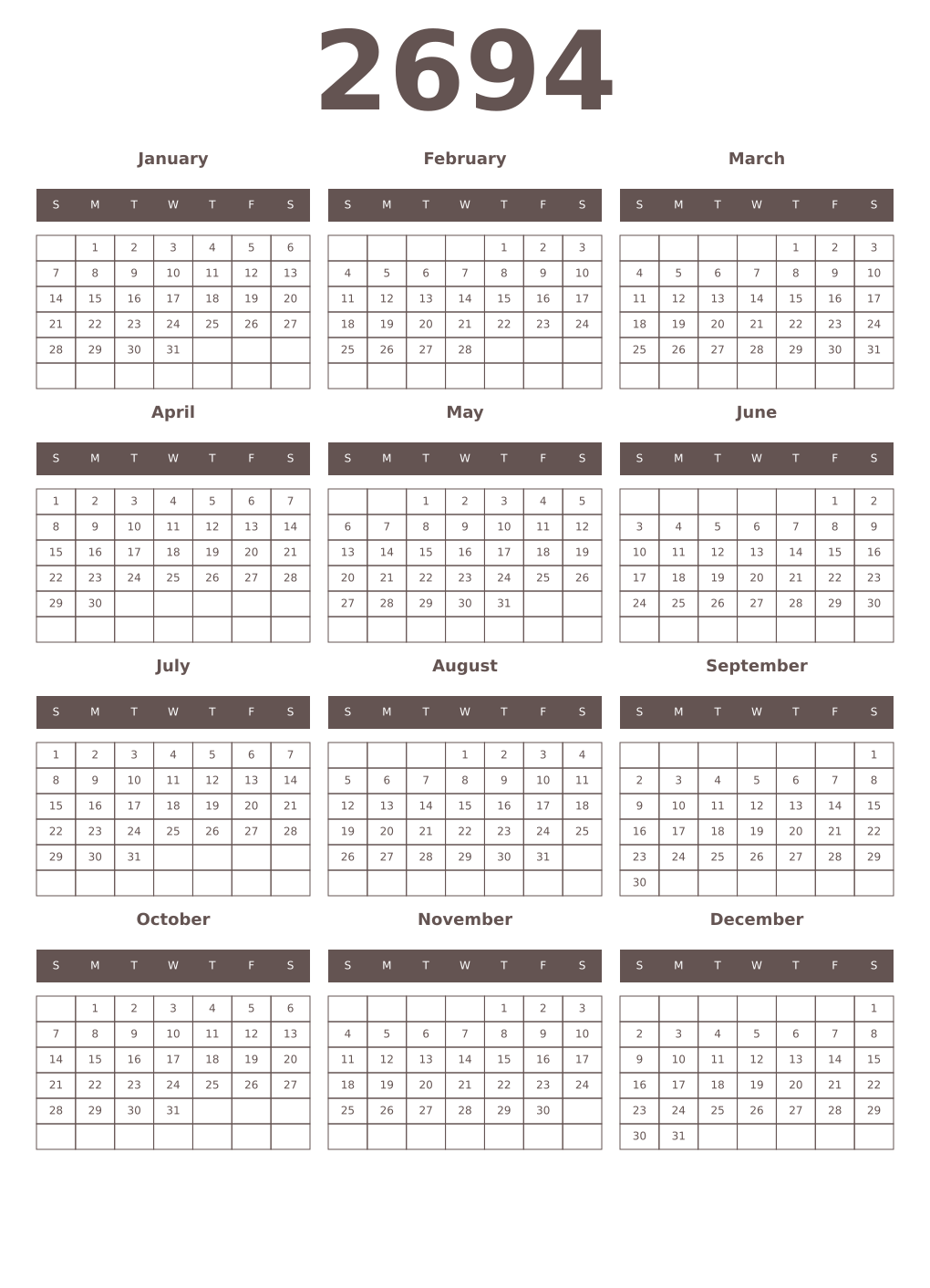 Printable 2694 Year Calendars wenge