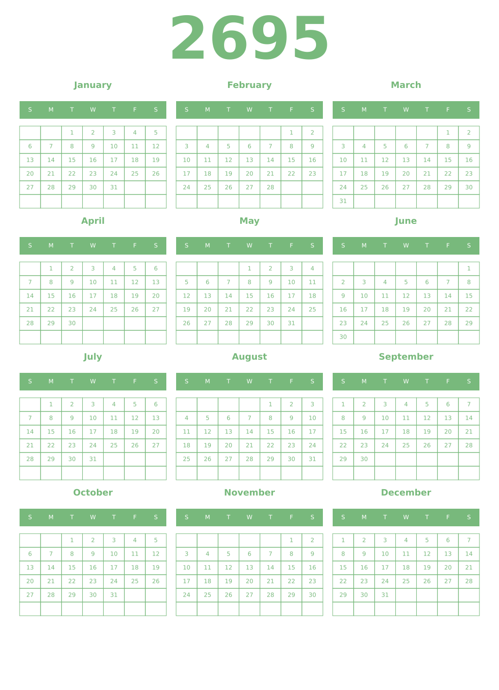 Printable 2695 Year Calendars celadon