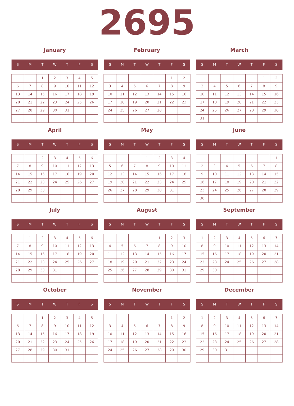 Printable 2695 Year Calendars cordovan