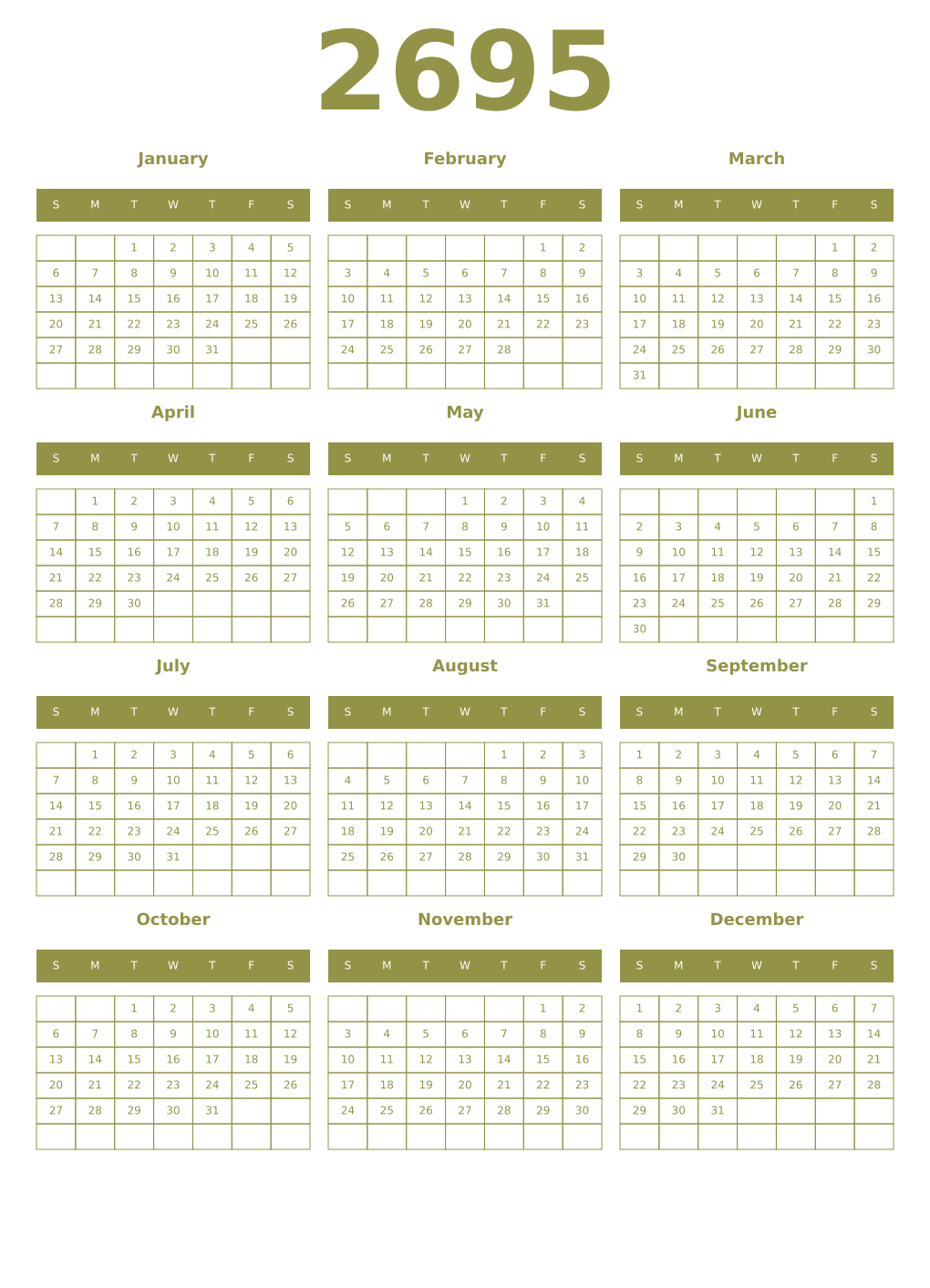 Printable 2695 Year Calendars eburnean
