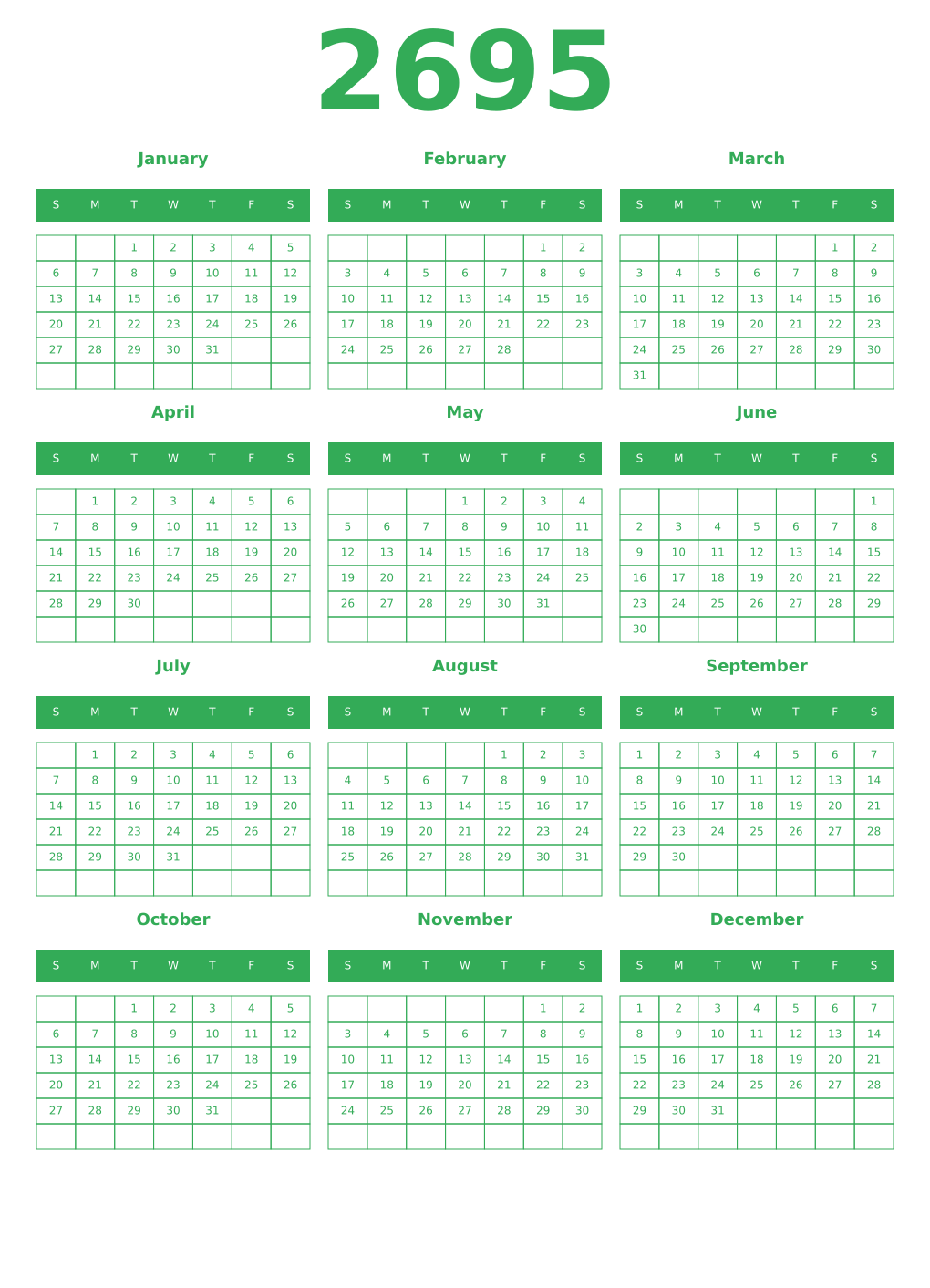 Printable 2695 Year Calendars green