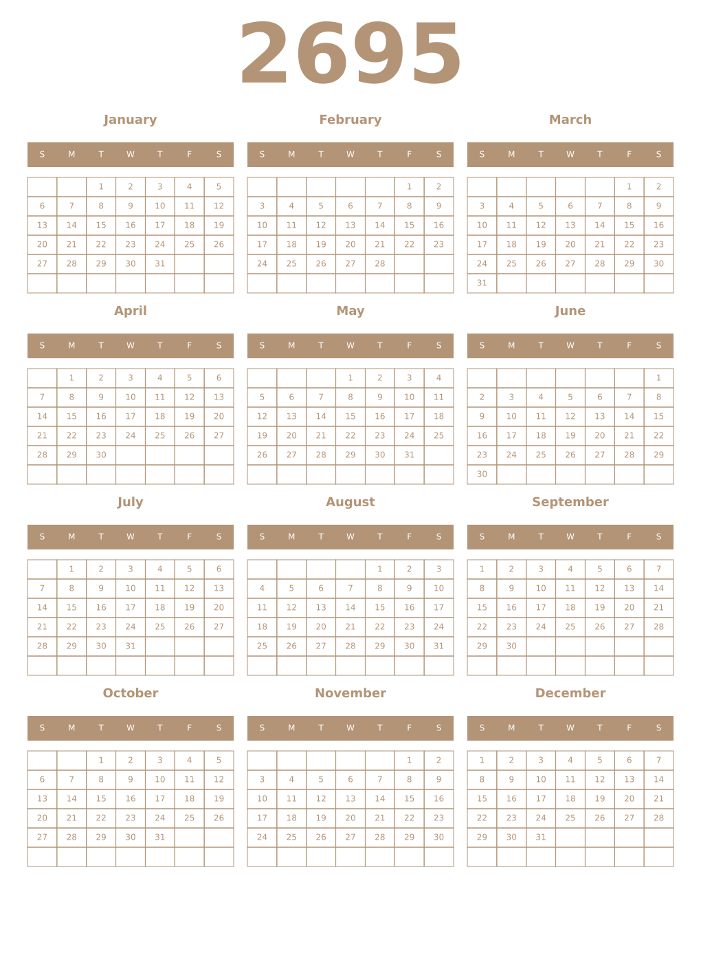 Printable 2695 Year Calendars isabelline
