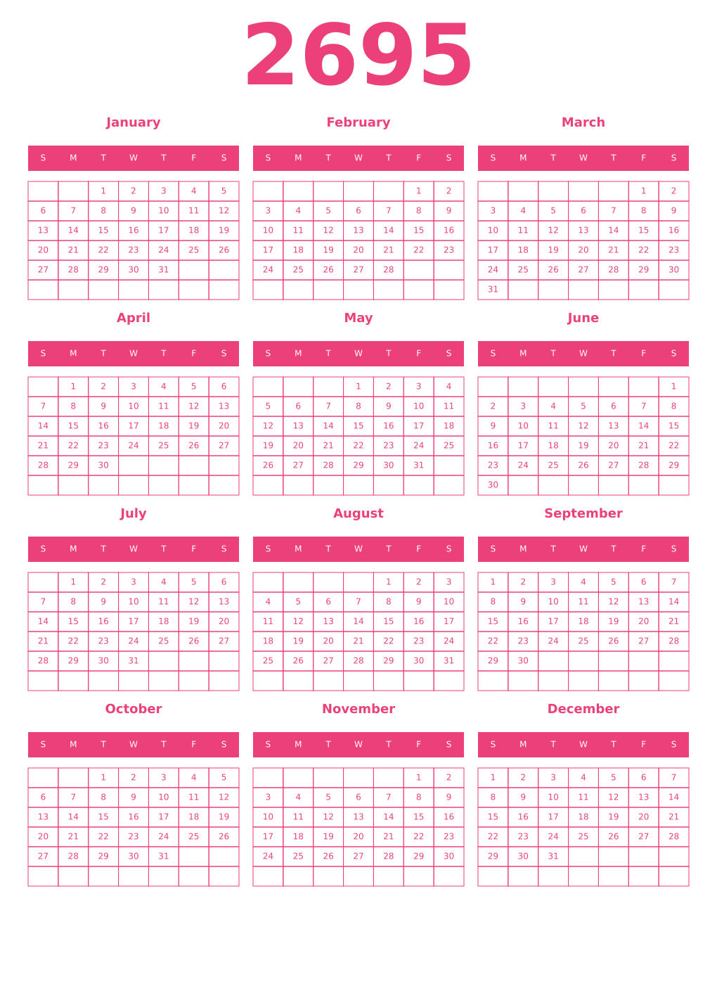 Printable 2695 Year Calendars pink