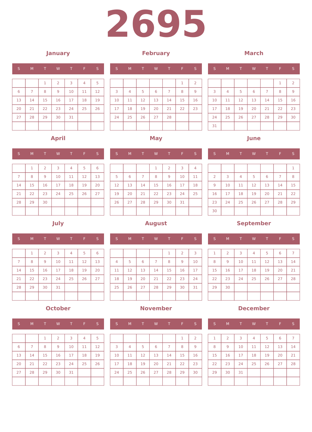 Printable 2695 Year Calendars puce