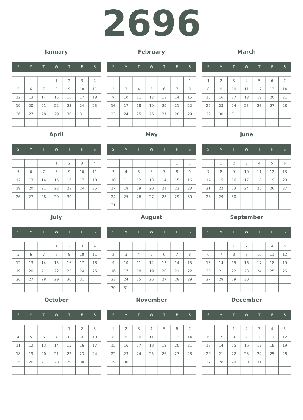Printable 2696 Year Calendars feldgrau