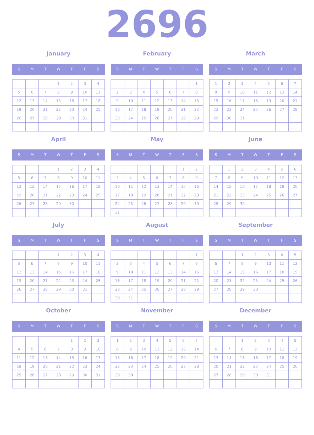 Printable 2696 Year Calendars periwinkle