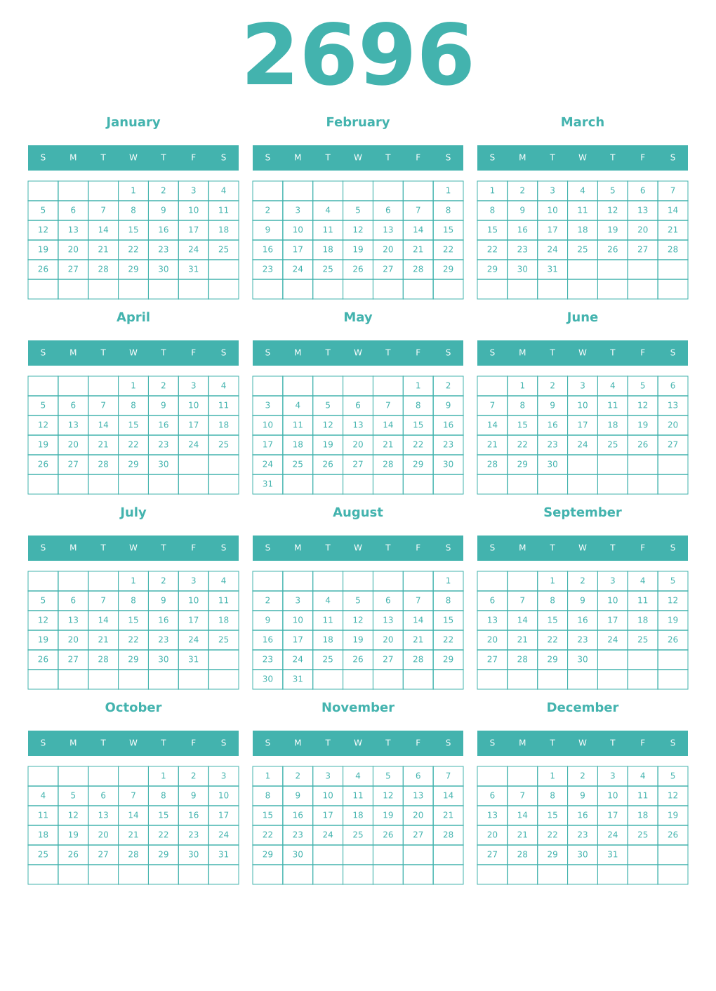 Printable 2696 Year Calendars verdigris