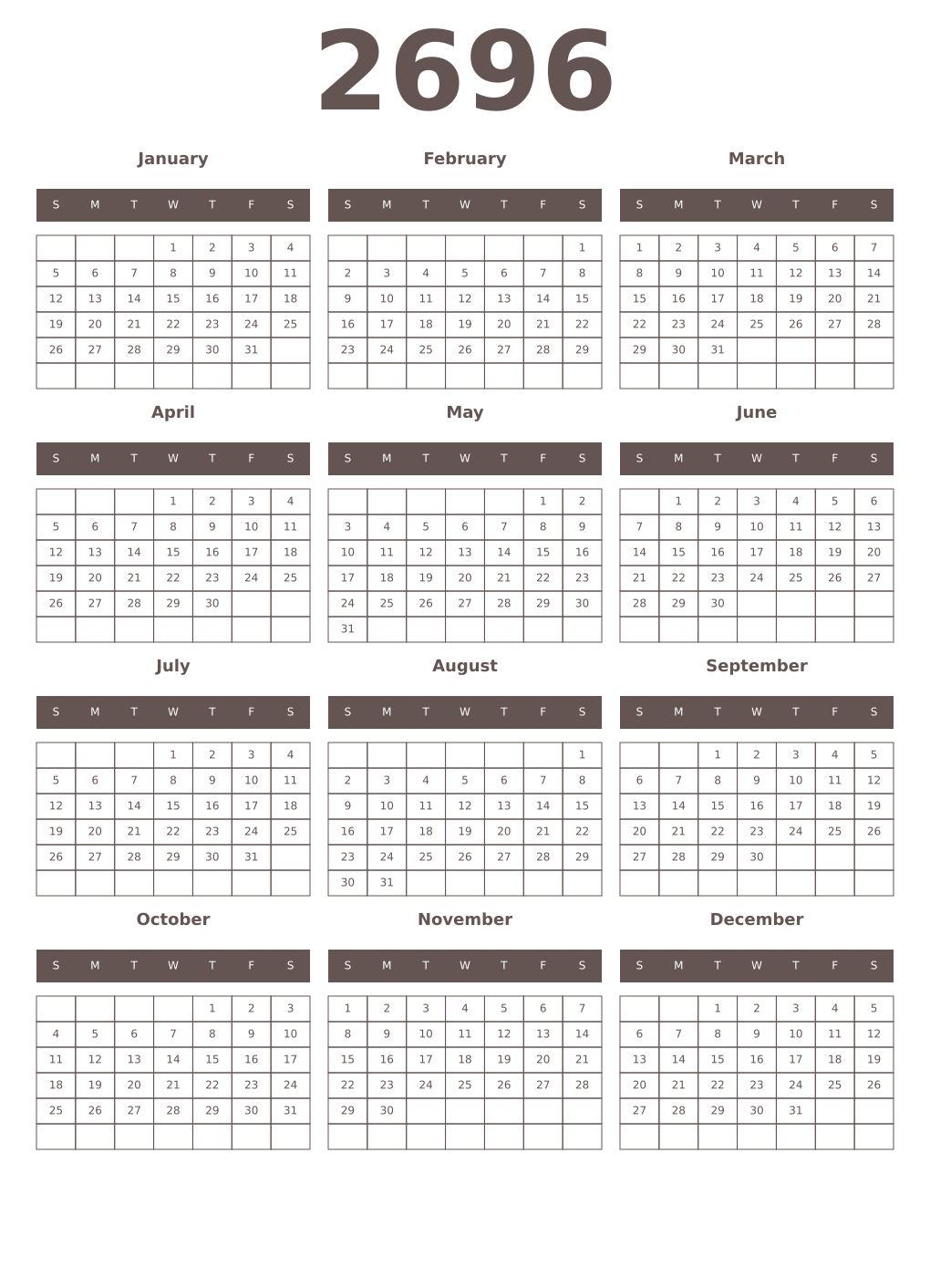 Printable 2696 Year Calendars wenge