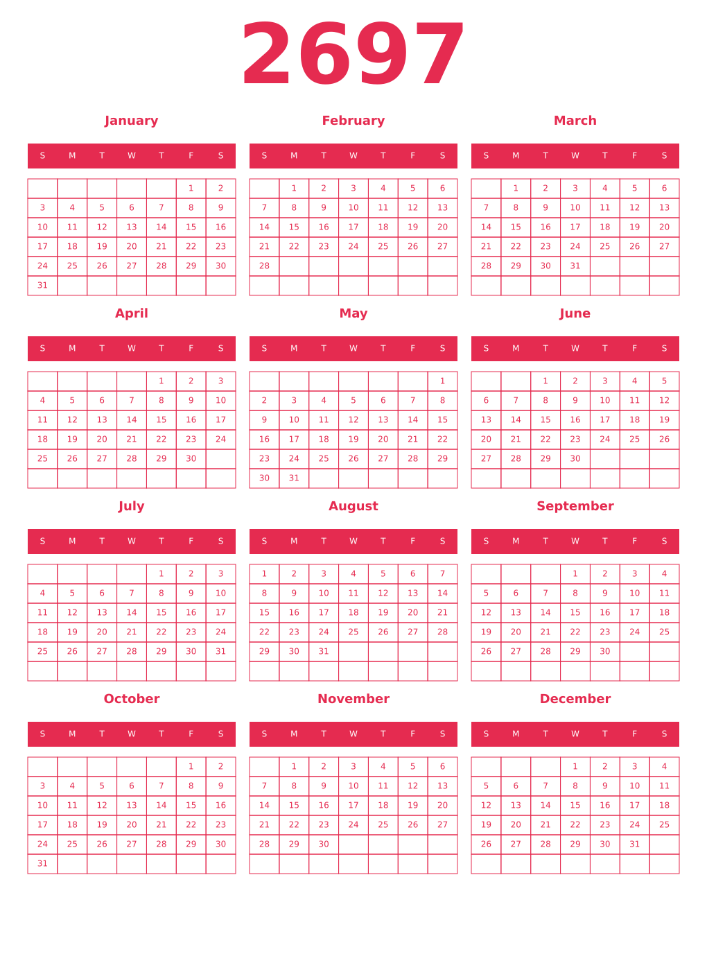 Printable 2697 Year Calendars amaranth