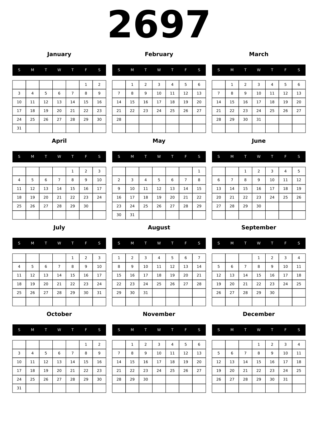 Printable 2697 Year Calendars black