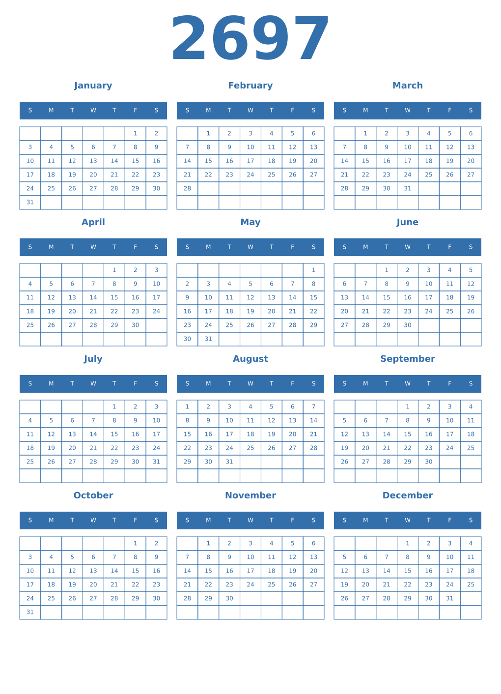 Printable 2697 Year Calendars blue