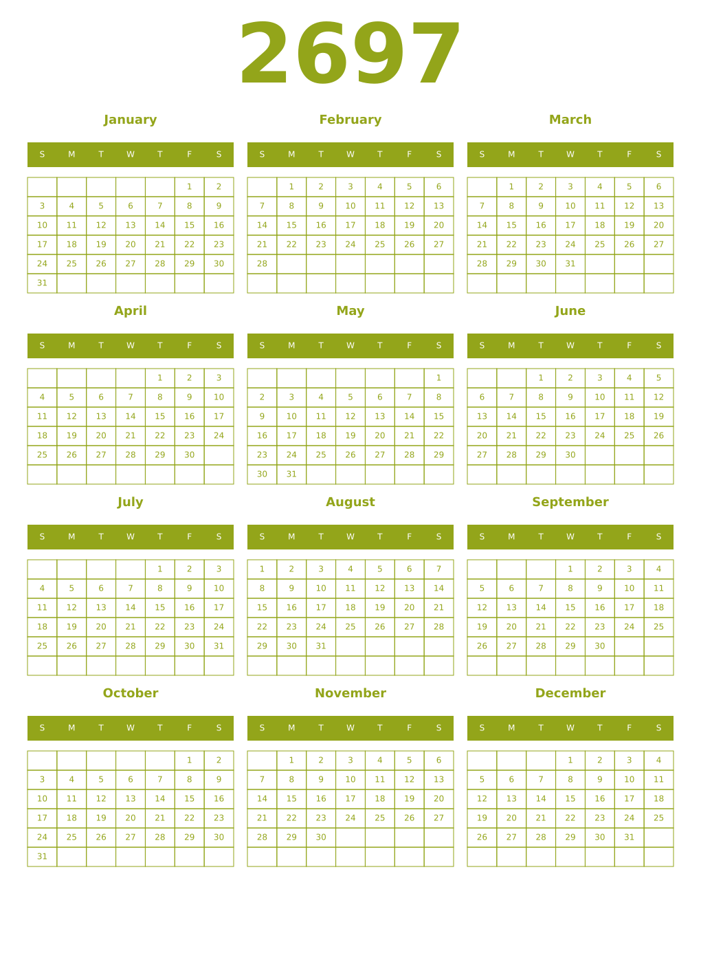 Printable 2697 Year Calendars chartreuse