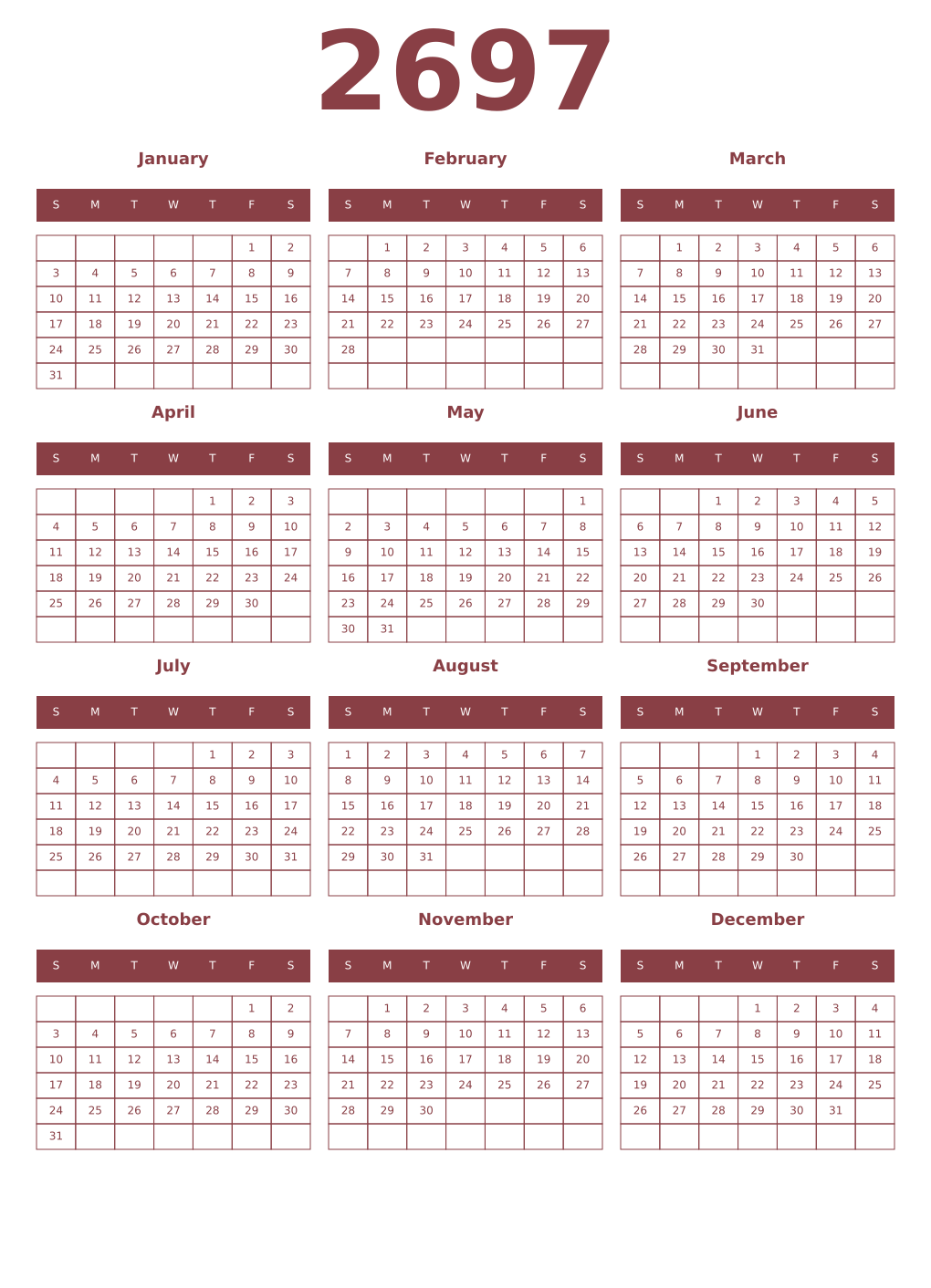 Printable 2697 Year Calendars cordovan