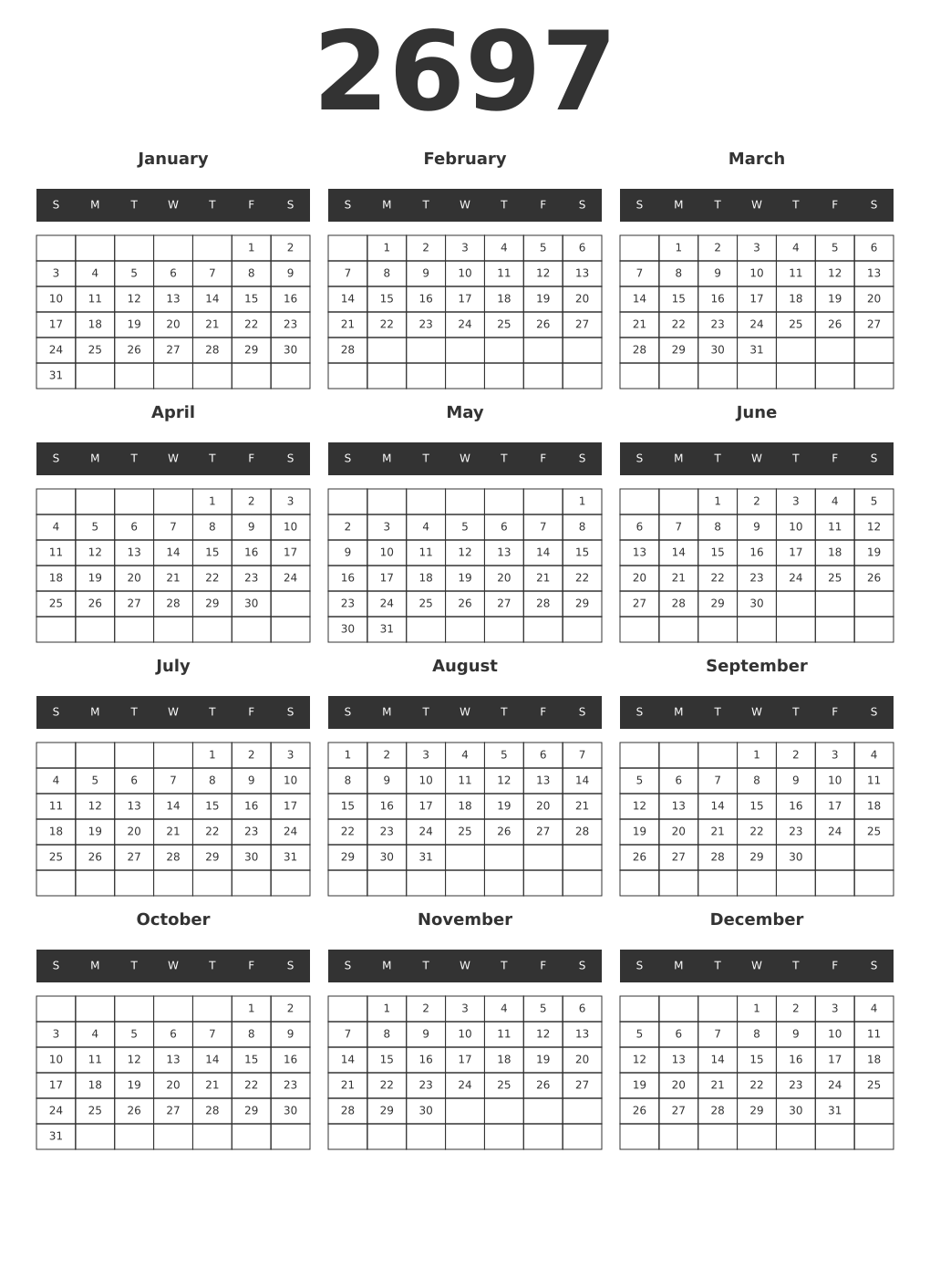 Printable 2697 Year Calendars dark